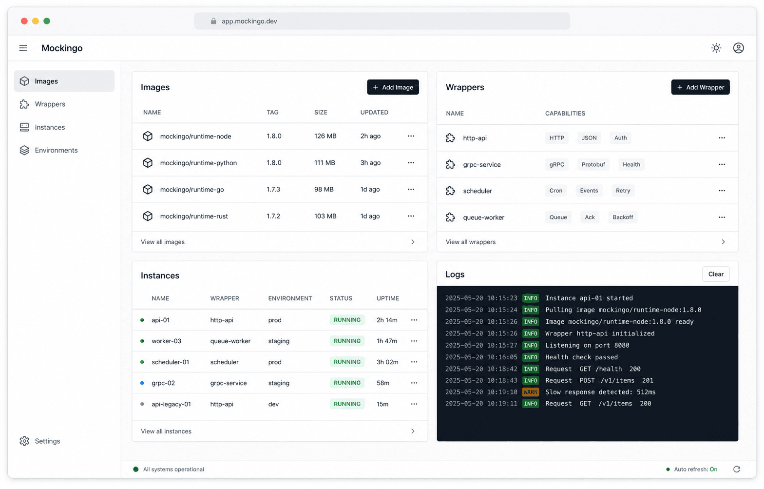 Mockingo dashboard showing images, wrappers, instances, and logs
